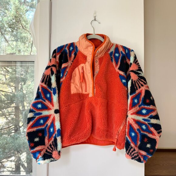New Free People Hit The Slopes Printed Fleece Jacket Pullover Orange XS - Picture 10 of 10